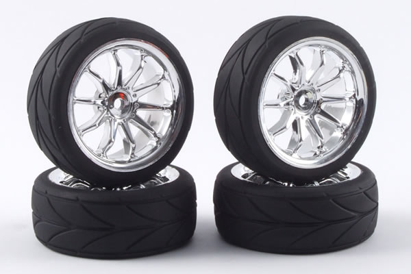 Fastrax 10-Spoke Touring Car Wheel & Tyre Set (4) - Chrome
