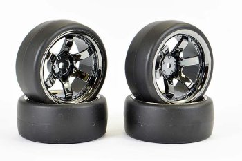 (image for) FASTRAX 1/10 (4) DRIFT D1 TYRE W/9MM 6-SPOKE WHEEL- BK CHROME