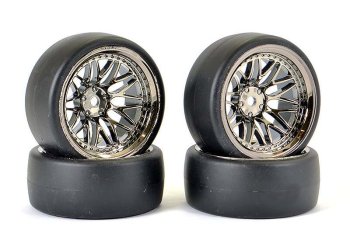 (image for) FASTRAX 1/10 (4) DRIFT D1 TYRE W/9MM 20-SPOKE WHEEL-BK CHROME