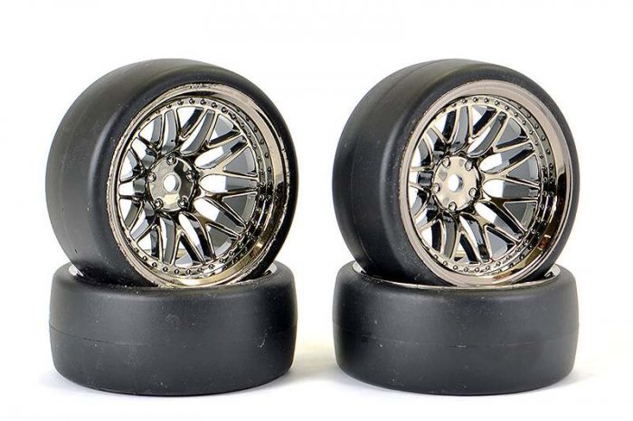 (image for) FASTRAX 1/10 (4) DRIFT D1 TYRE W/9MM 20-SPOKE WHEEL-BK CHROME