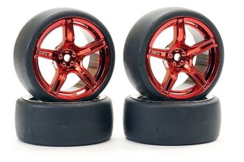 (image for) FASTRAX 1/10 (4) DRIFT D1 TYRE W/3MM 5-SPOKE WHEEL- MET RED