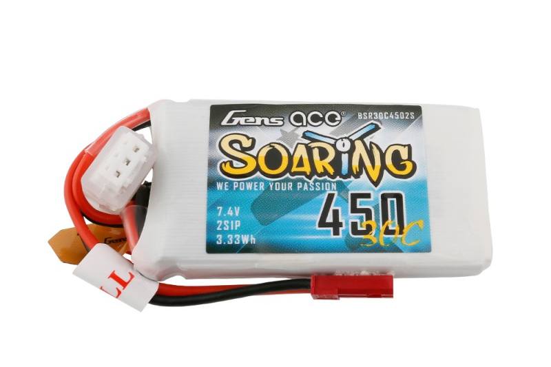 Gens ace Soaring 450mAh 7.4V 30C 2S1P Lipo Battery JST-SYP Plug