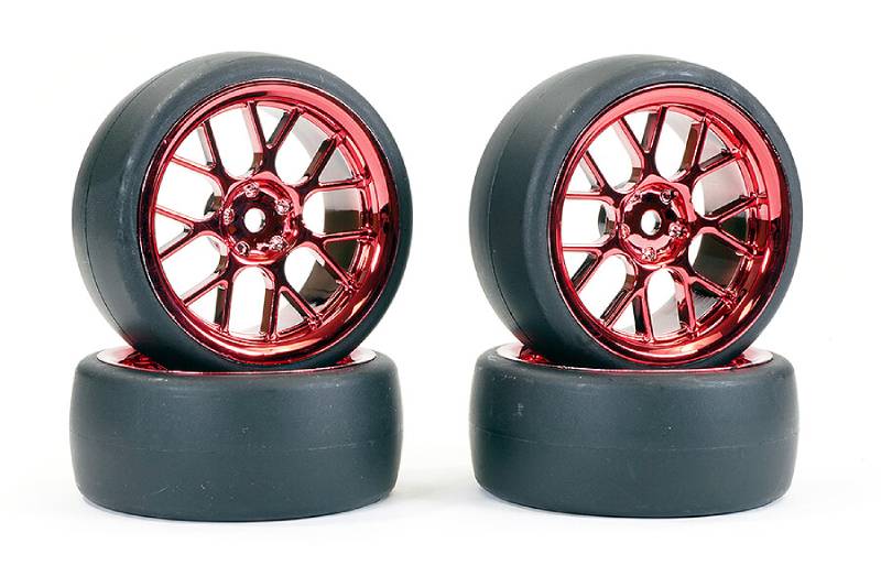 FASTRAX 1/10 (4) DRIFT D1 TYRE W/3MM 14-SPOKE WHEEL - MET RED