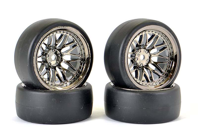 FASTRAX 1/10 (4) DRIFT D1 TYRE W/9MM 20-SPOKE WHEEL-BK CHROME