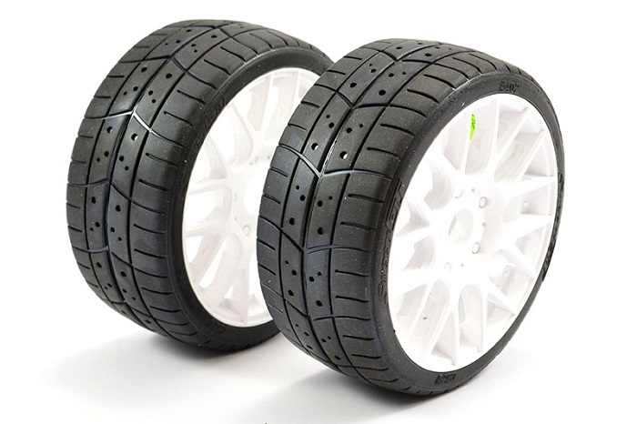 SWEEP 1/8TH GT TREAD GLUED 45DEG TYRES W/BELT / EVO16 WHITE WHEE - Click Image to Close